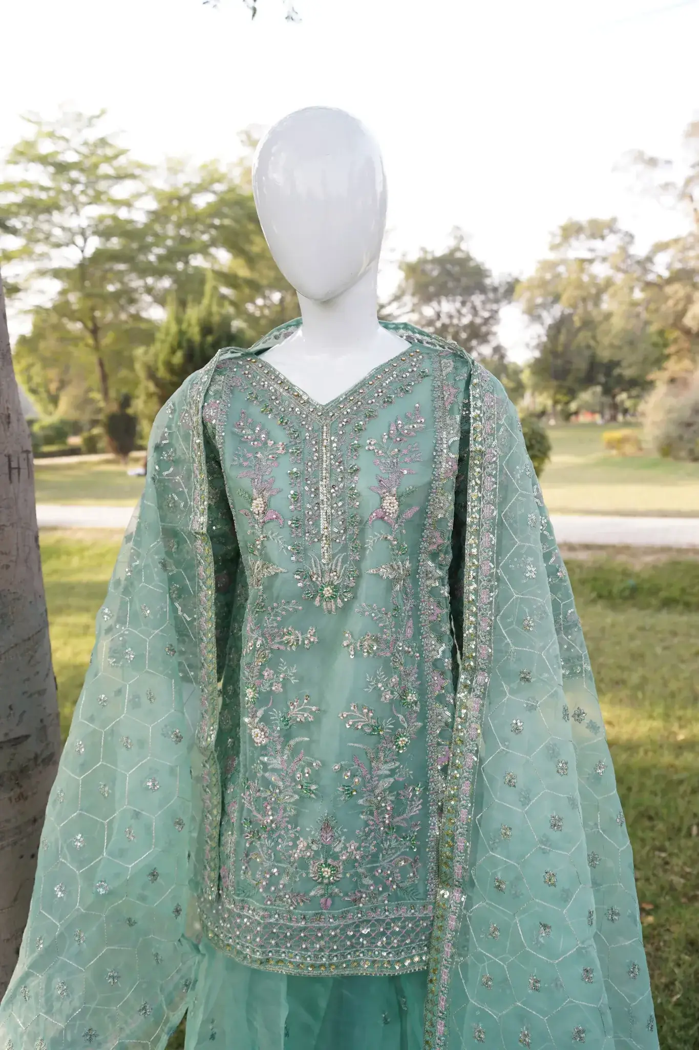 3pc Luxury Soft Organza Suit with Embroided Duppt and Sharara - Image 2