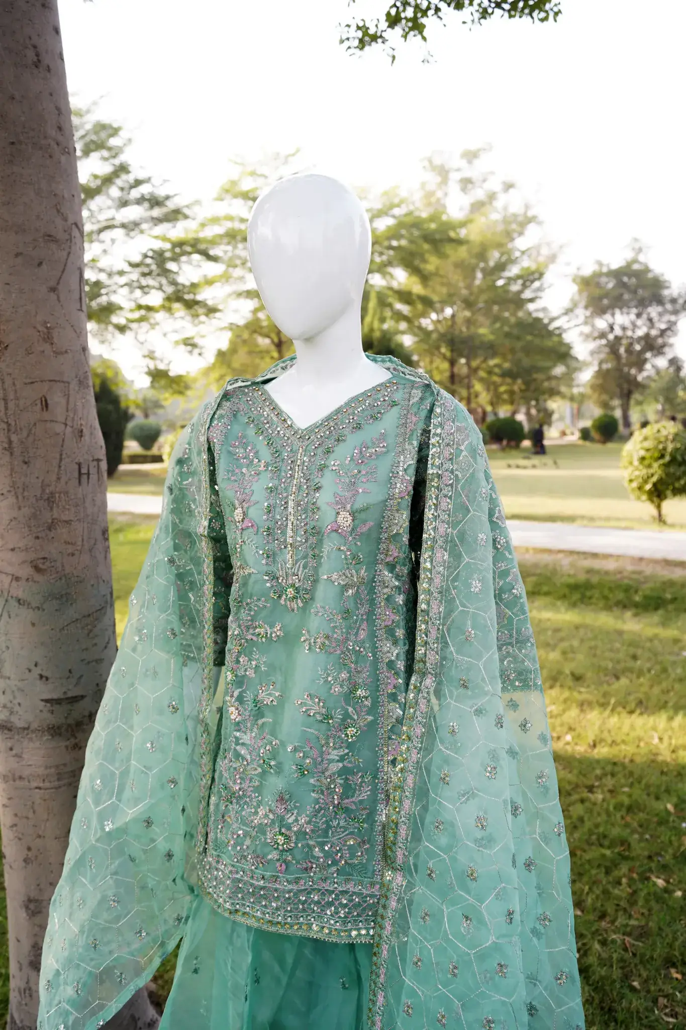 3pc Luxury Soft Organza Suit with Embroided Duppt and Sharara - Image 3