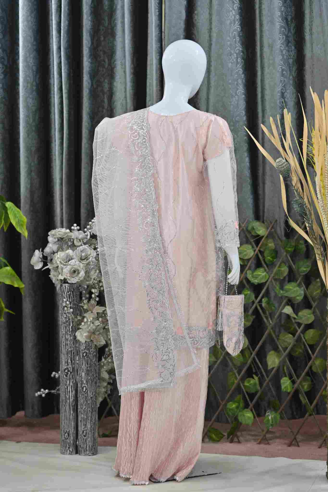 4pc premium ebroided Suit wih Soft cruSh Sharara