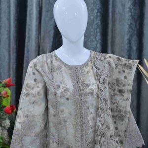 premium graY floral 4pc organza Suit Set